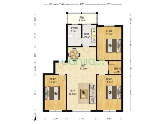 正洪花园 3室2厅1卫 123平方