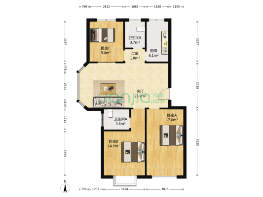 半岛蓝庭 3室1厅2卫 104平方