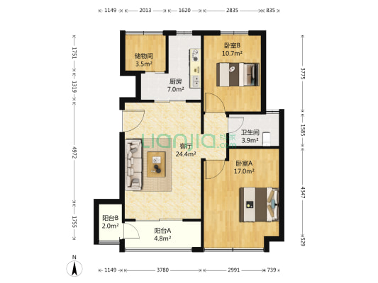 新创宝带熙岸 2室1厅1卫 89平方