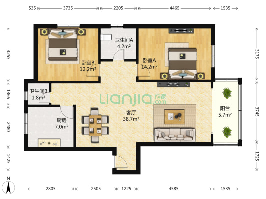 小天公寓 2室1厅2卫 100平方