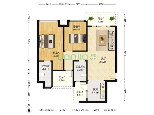 天马河壹号四期 2室1厅2卫 89平方