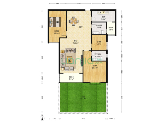 万业世纪广场 3室1厅2卫 126平方