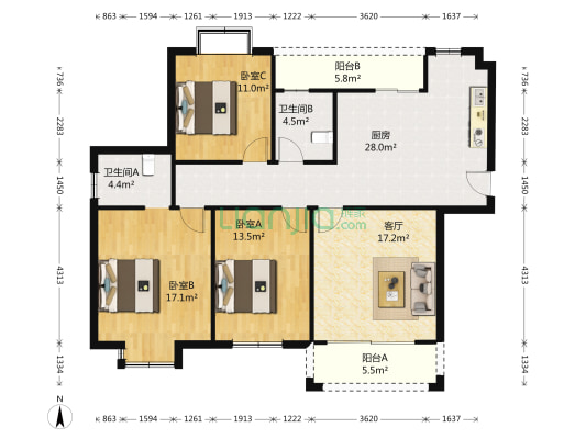 蠡墅花园天韵苑 3室1厅2卫 139平方