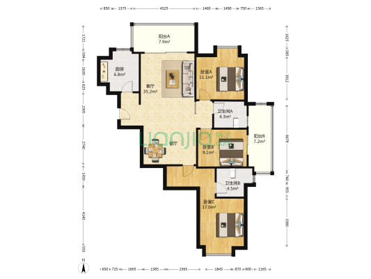 海峡国际天璟 3室1厅2卫 137平方