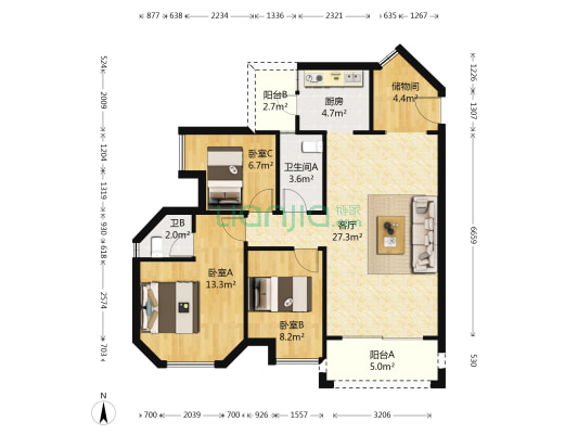 廊桥名轩 3室1厅2卫 107平方