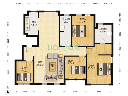 远洋戛纳小镇一期 4室1厅2卫 149平方