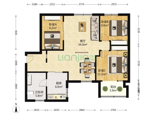 晓港中马路130号宿舍 3室1厅1卫 102平方