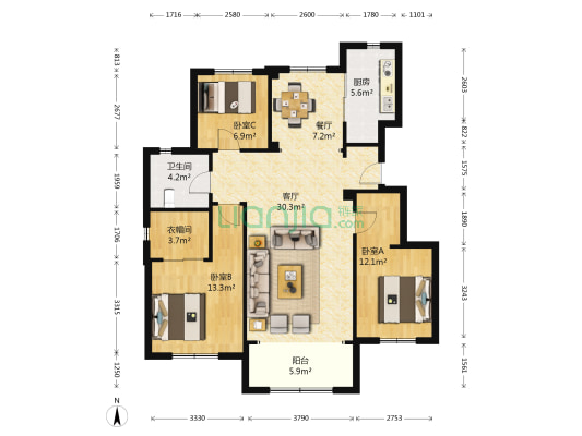 金地首府 3室2厅1卫 123平方