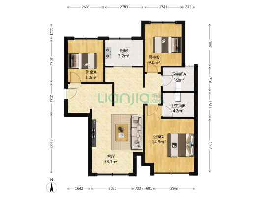 中建开元城 3室1厅2卫 103平方