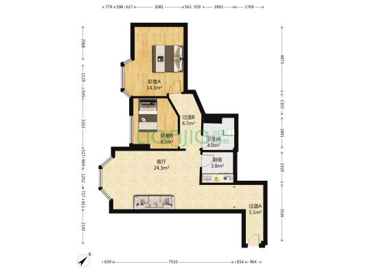 九龙大厦 2室1厅1卫 86平方
