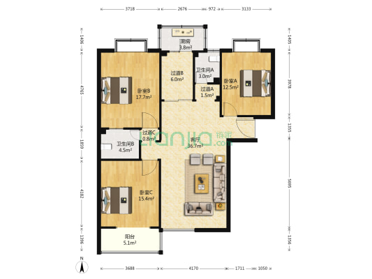 文化嘉园 3室1厅2卫 158平方