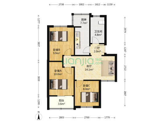 梅花山庄中沁苑 3室1厅1卫 76平方