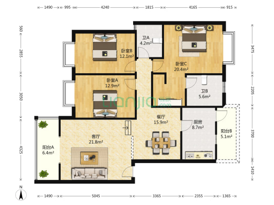 芳草地翠庭院 3室2厅2卫 126平方