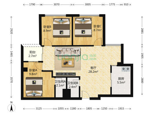 御东和府 3室1厅2卫 94平方