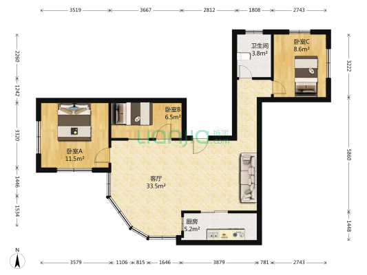 荟翠楼 3室1厅1卫 80平方