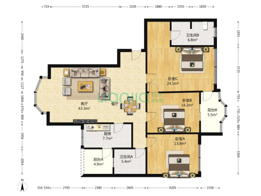 世纪城迎春苑 3室1厅2卫 145平方