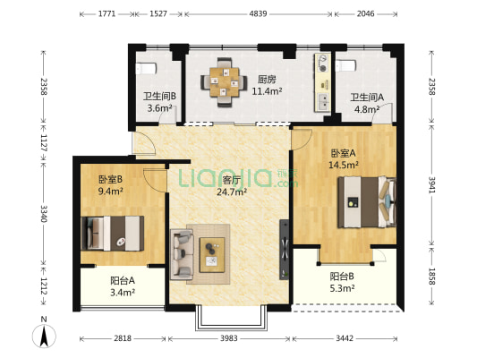 华夏广场小区 2室1厅2卫 87平方