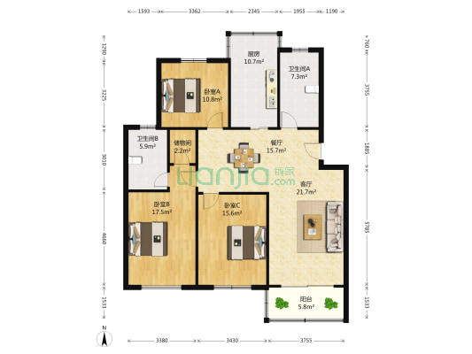 云湖公寓 3室2厅2卫 132平方