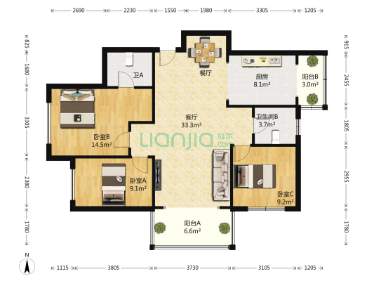 柒零捌零城仕公馆 3室1厅2卫 128平方