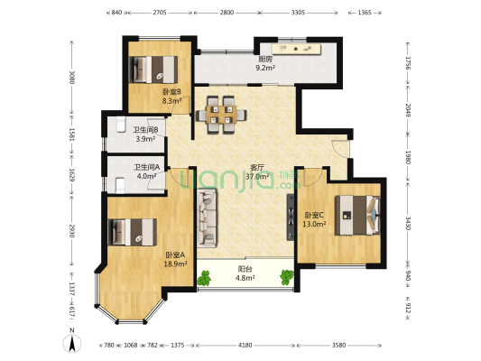 名士豪庭1区 3室1厅2卫 142平方