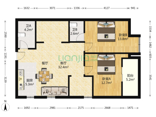 联建新苑三区 2室1厅2卫 91平方