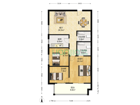 金康花园 3室1厅2卫 109平方