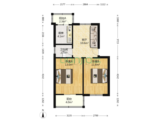 华盛小区 2室1厅1卫 64平方