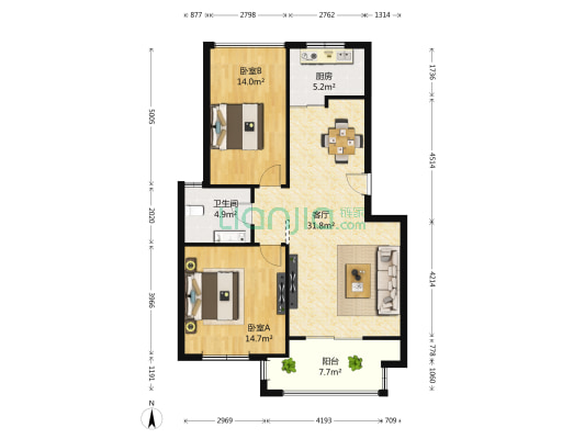 东冠繁华逸城 2室1厅1卫 87平方