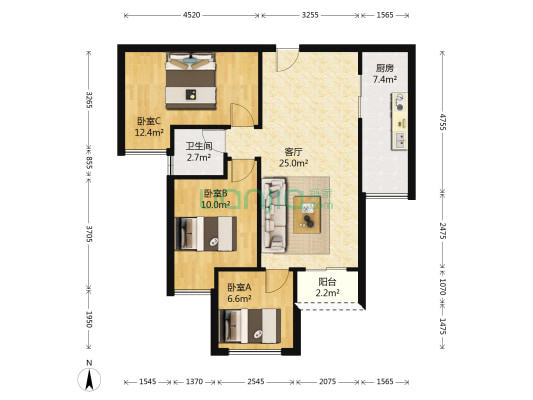 中昂彩云台 3室1厅1卫 87平方