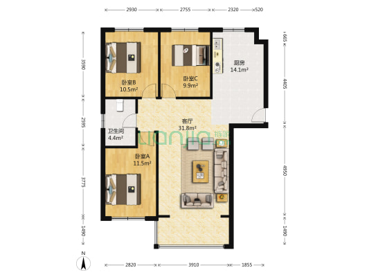 瀚星紫光绅苑2期 3室1厅1卫 114平方