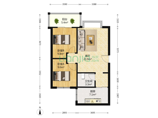天和天逸花园 2室1厅1卫 76平方