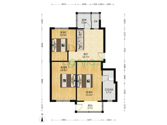 体院宿舍 3室1厅2卫 85平方
