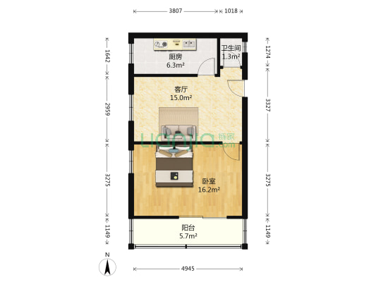 七里山北村 1室1厅1卫 55平方