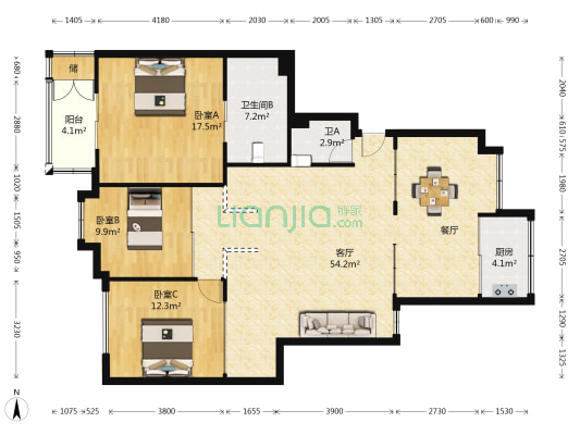 五凤兰庭五期 3室1厅2卫 128平方