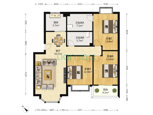 江西街9号 3室1厅2卫 115平方