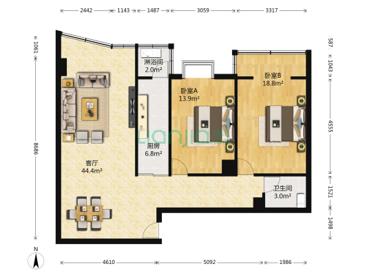 正庄大厦 2室1厅2卫 115平方