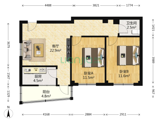 鸣乐中心 2室1厅1卫 74平方
