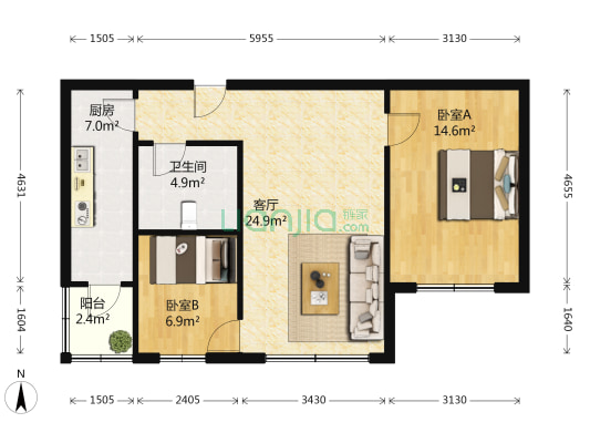 天昊百年俪景 2室1厅1卫 88平方