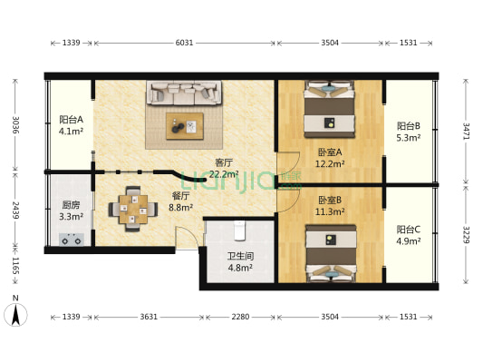 青龙街71号 2室2厅1卫 90平方