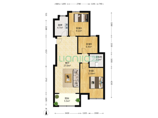 新城香溢紫郡 3室1厅1卫 93平方