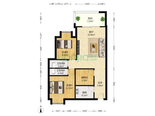 迎辉楼 2室1厅2卫 89平方