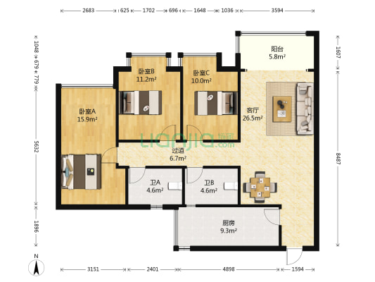 卓越金商地带小区 3室1厅2卫 112平方