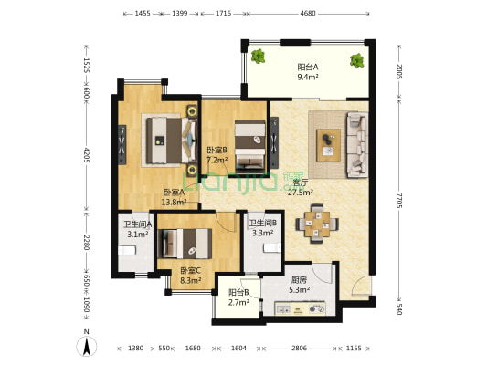 思学园智能村 3室1厅2卫 85平方