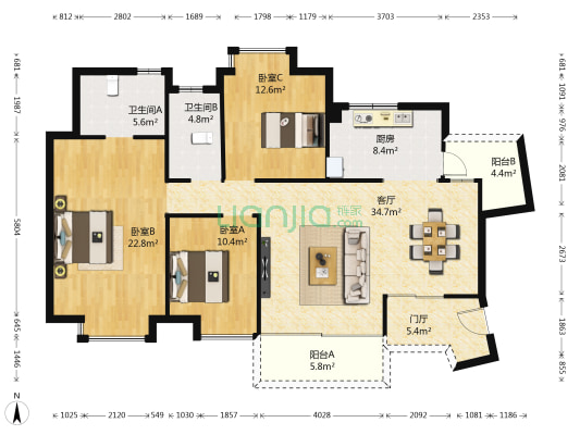 橙堡 3室1厅2卫 141平方