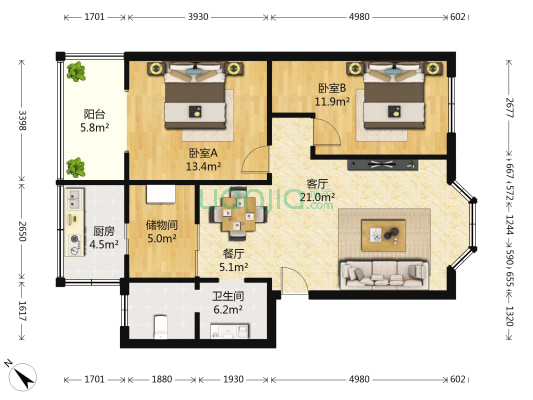 锦电苑 2室2厅1卫 84平方
