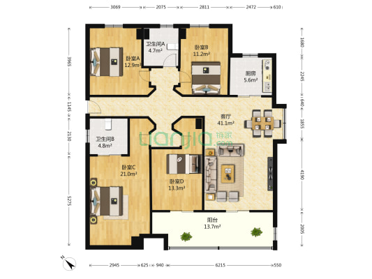 尚璟瑞府 4室1厅2卫 143平方