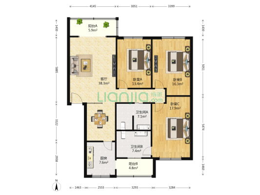 今典小区 3室1厅2卫 119平方