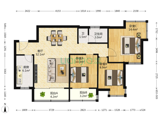 阳光100国际新城H区 3室1厅2卫 109平方