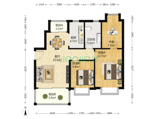 恒大华府 3室1厅1卫 89平方