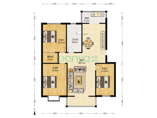 福华里（滨海新区） 3室1厅1卫 128平方